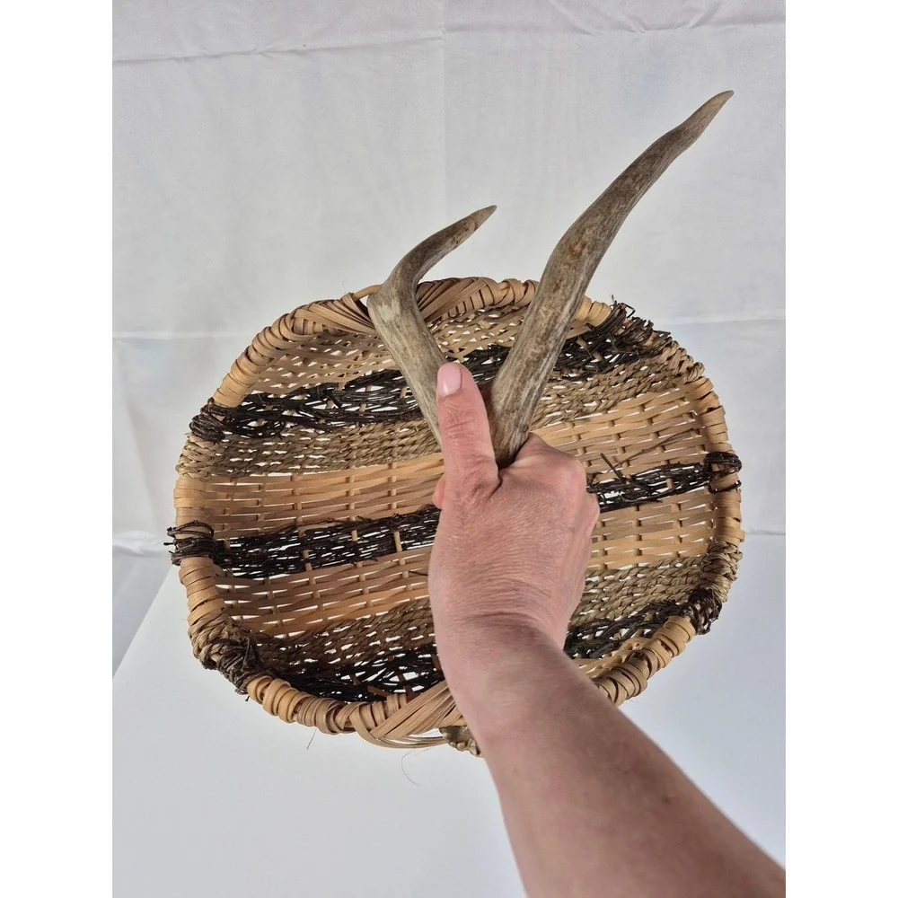 Vintage Deer Antler Handle Woven Basket Rustic Cabin Lodge Decor Handmade